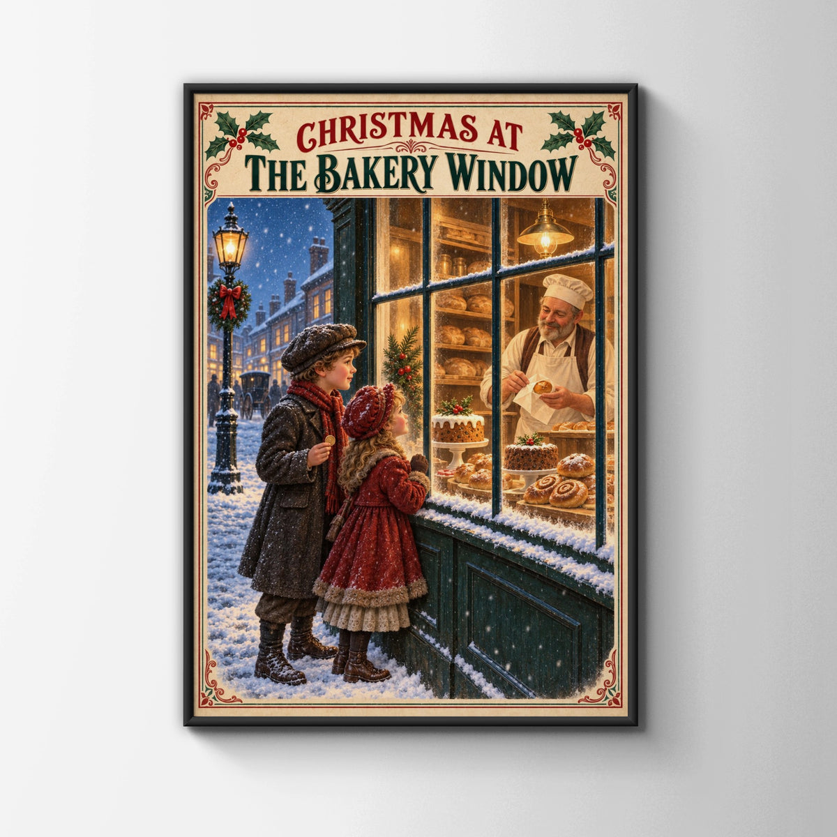 Christmas Bakery Window Poster, Vintage Victorian Snowy Street Wall Art Print