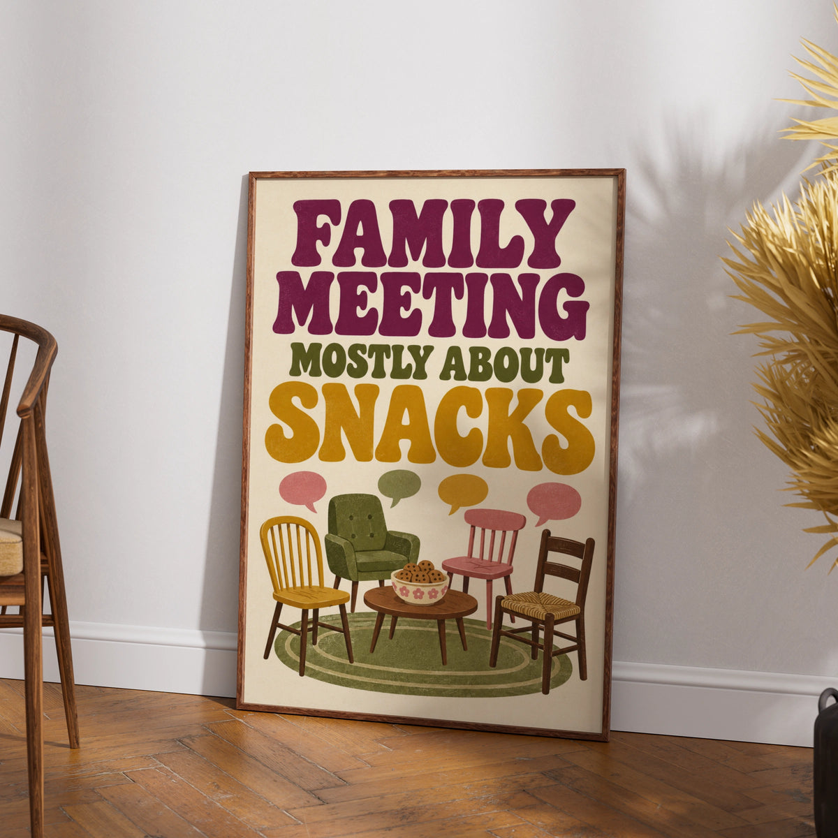 Family Meeting Mostly About Snacks Poster, Funny Kitchen Wall Art, Retro Home Print