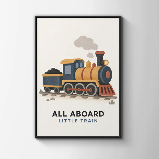All Aboard Little Train Poster, Steam Engine Kids Wall Art, Boys Nursery Print, Vintage Train Decor