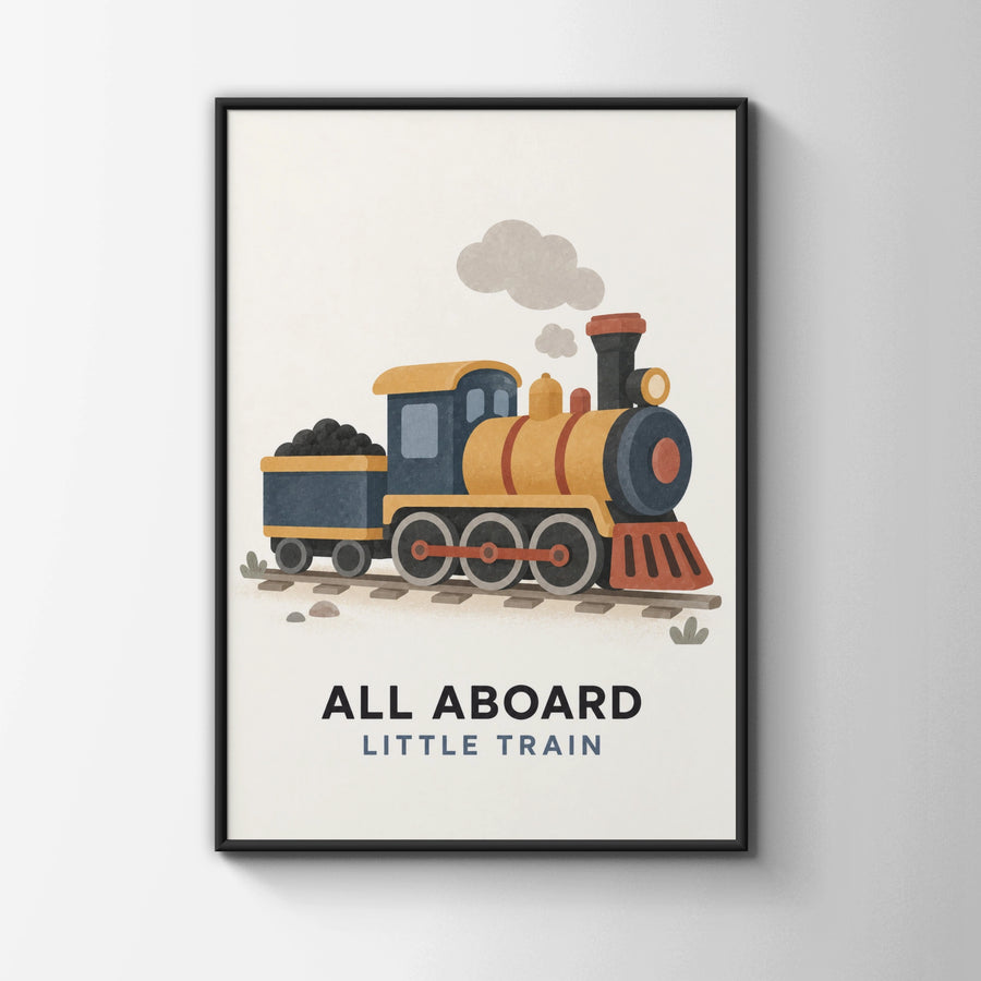 All Aboard Little Train Poster, Steam Engine Kids Wall Art, Boys Nursery Print, Vintage Train Decor