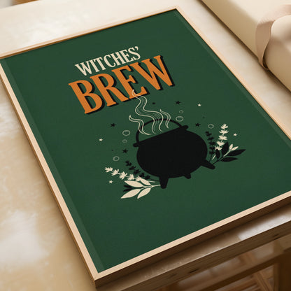 Witches Brew Cauldron Poster, Halloween Wall Art, Dark Green Witch Print, A3