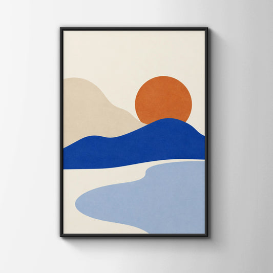 Cobalt Horizon Abstract Landscape Print, Minimalist Sunset Wall Art, Blue Orange Boho Poster