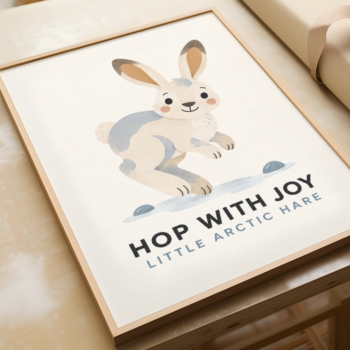 Arctic Hare Kids Poster, Hop With Joy Nursery Wall Art, Cute Rabbit Print, Children's Room Decor