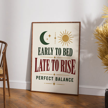 Early to Bed Late to Rise Funny Quote Poster, Sun Moon Wall Art, Bedroom Print