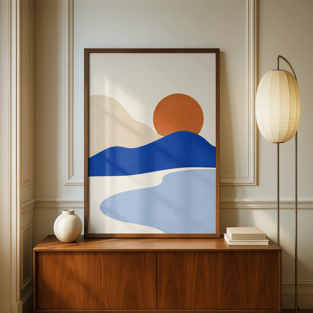Cobalt Horizon Abstract Landscape Print, Minimalist Sunset Wall Art, Blue Orange Boho Poster