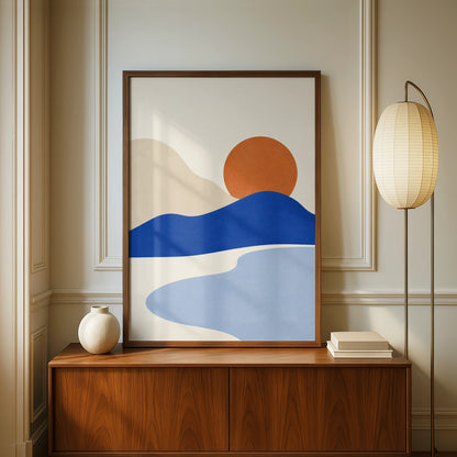 Cobalt Horizon Abstract Landscape Print, Minimalist Sunset Wall Art, Blue Orange Boho Poster
